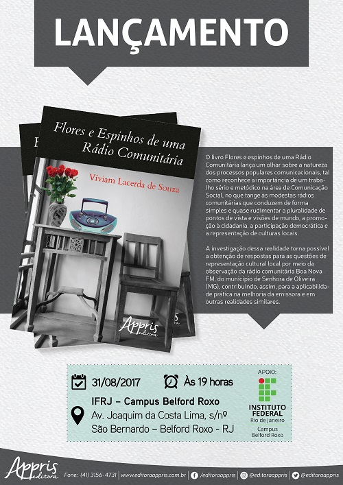 Cartaz chamando para o lançamento do livro "Flores e Espinhos de uma Rádio Comunitária", no dia 31/08, às 19h, no campus Belford Roxo