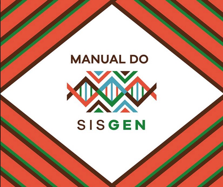 Imagem de losango branco, rodeado por vários de cor laranja e verde, com a frase "manual do sisgen" no meio